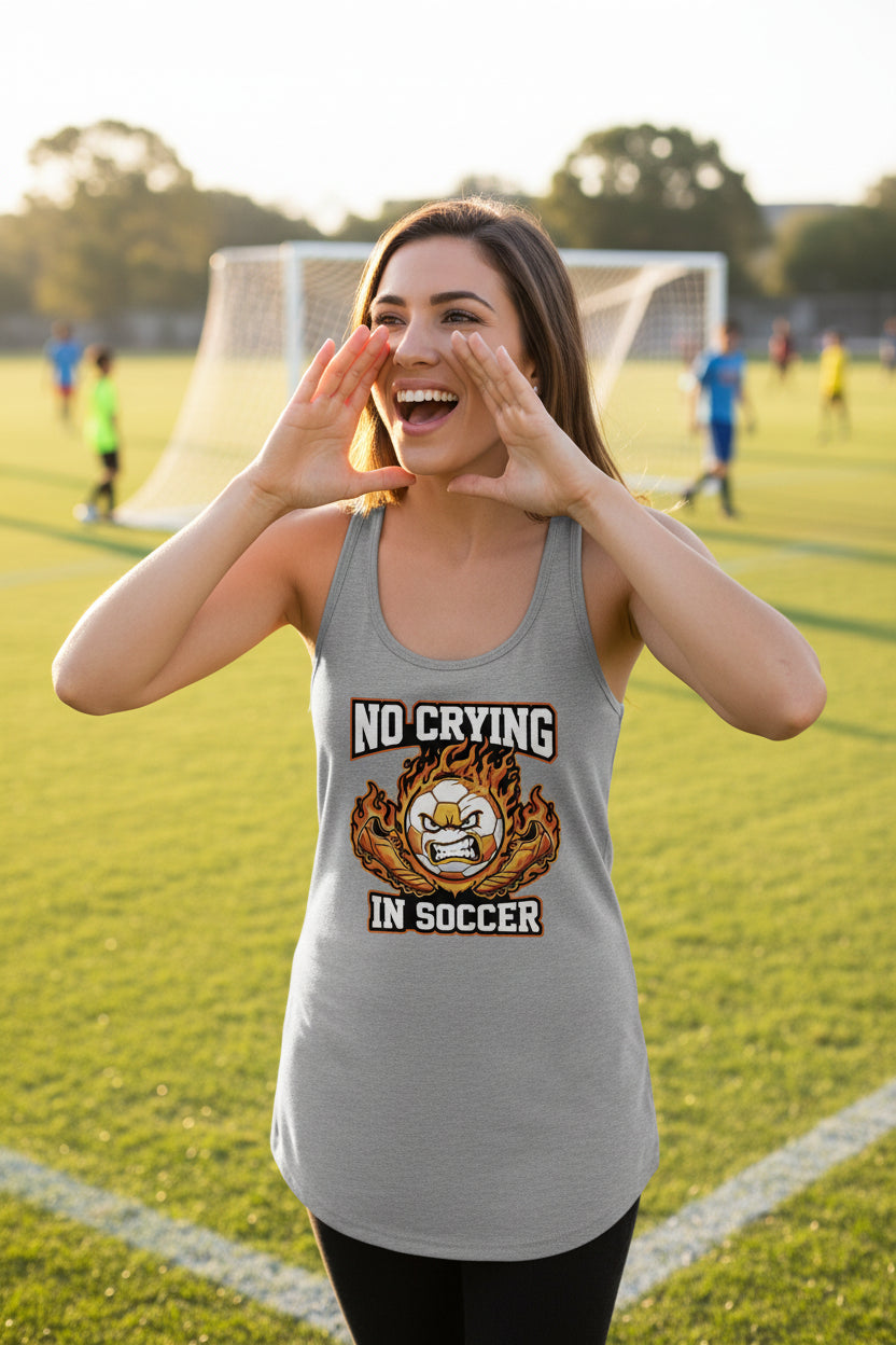 No Crying Soccer Design – Bold Player Attitude Funny Sports Graphic Tank Top Heather Gray - FRONT
