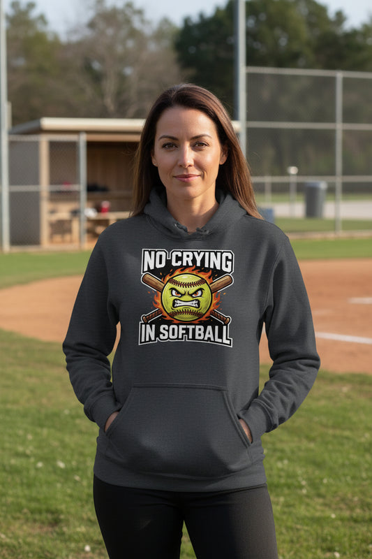 No Crying Softball Hoodie Design – Competitive Athlete Humor Artwork DARK HEATHER - FRONT