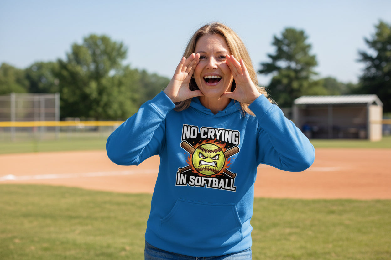 No Crying Softball Hoodie Design – Competitive Athlete Humor Artwork Royal - FRONT