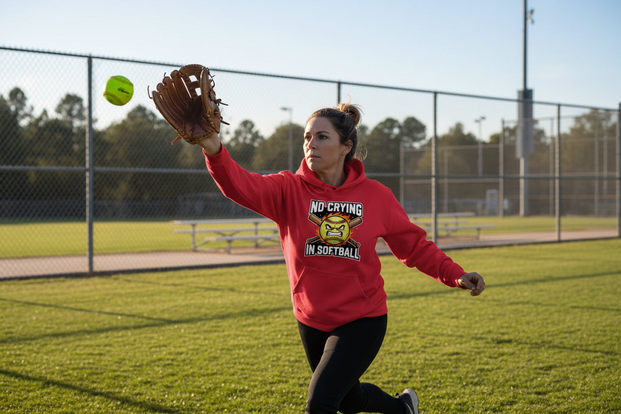No Crying Softball Hoodie Design – Competitive Athlete Humor Artwork RED - FRONT
