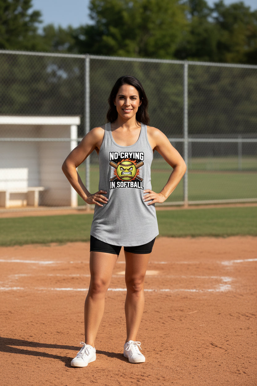 No Crying Softball Tank Top Design – Competitive Athlete Humor Artwork Heather Gray - FRONT