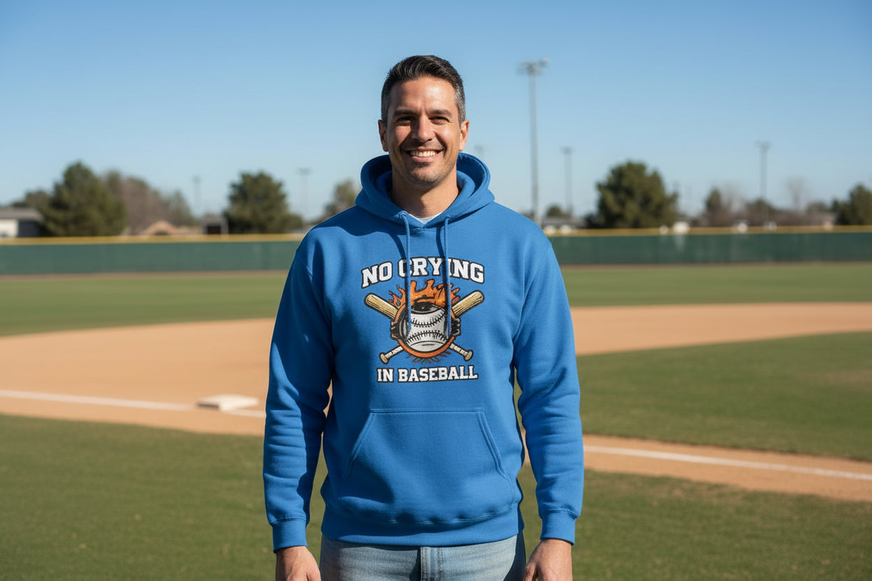 No Crying in Baseball - Competitive Baseball Vibes Hoodie Royal - FRONT