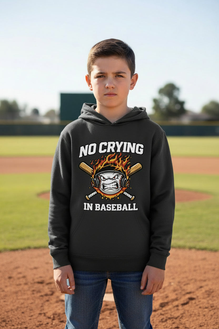 No Crying in Baseball Funny Flame Skull Sports Hoodie Black - FRONT