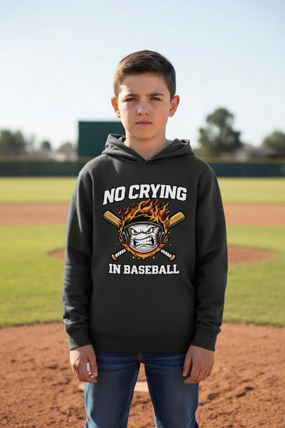 No Crying in Baseball Funny Flame Skull Sports Hoodie Black - FRONT