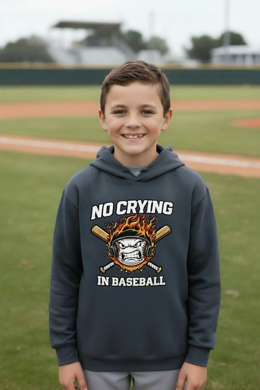 No Crying in Baseball Funny Flame Skull Sports Hoodie True Navy - FRONT