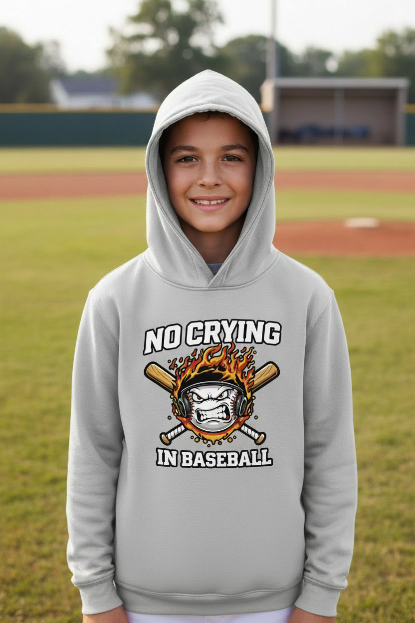 No Crying in Baseball Funny Flame Skull Sports Hoodie Silver - FRONT