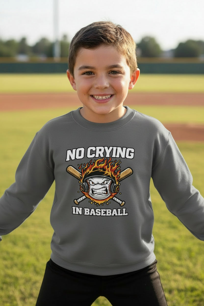 No Crying in Baseball Funny Flame Skull Sports Hoodie Iron Grey - FRONT