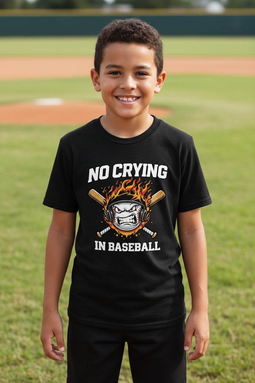 No Crying in Baseball Funny Flame Skull Sports T-Shirt Black - FRONT