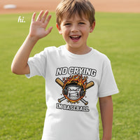 No Crying in Baseball Funny Flame Skull Sports T-Shirt WHITE - FRONT
