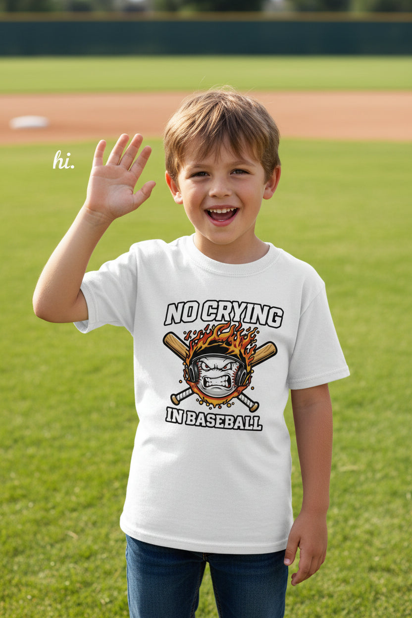 No Crying in Baseball Funny Flame Skull Sports T-Shirt WHITE - FRONT
