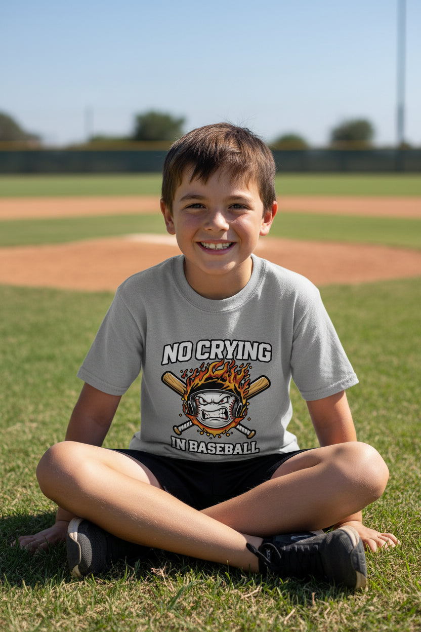 No Crying in Baseball Funny Flame Skull Sports T-Shirt Sport Grey - FRONT
