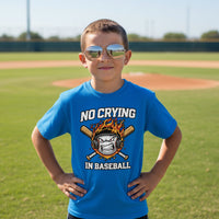No Crying in Baseball Funny Flame Skull Sports T-Shirt Royal - FRONT