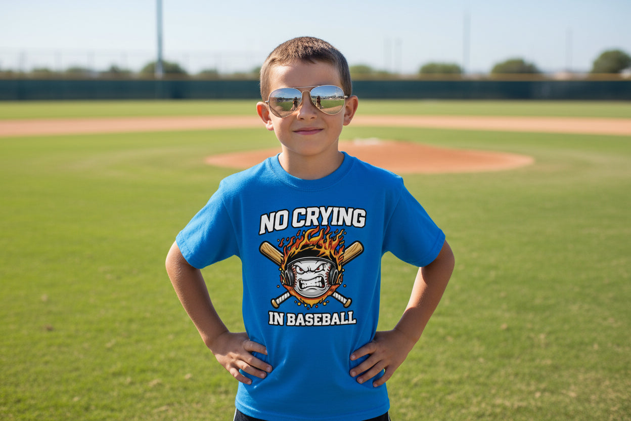 No Crying in Baseball Funny Flame Skull Sports T-Shirt Royal - FRONT