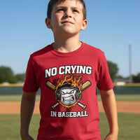 No Crying in Baseball Funny Flame Skull Sports T-Shirt Red - FRONT