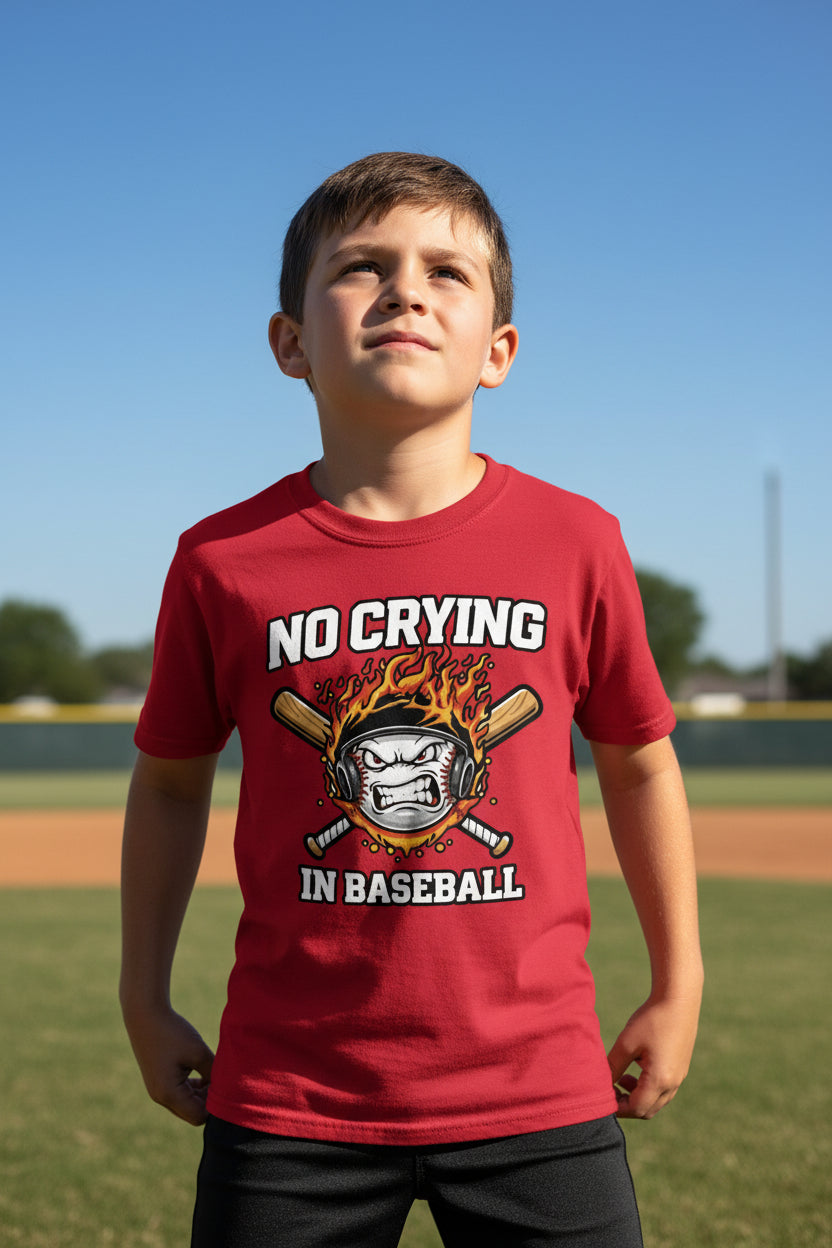No Crying in Baseball Funny Flame Skull Sports T-Shirt Red - FRONT
