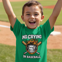 No Crying in Baseball Funny Flame Skull Sports T-Shirt Irish Green - FRONT