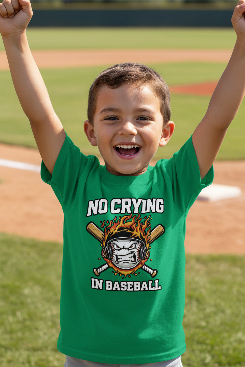 No Crying in Baseball Funny Flame Skull Sports T-Shirt Irish Green - FRONT