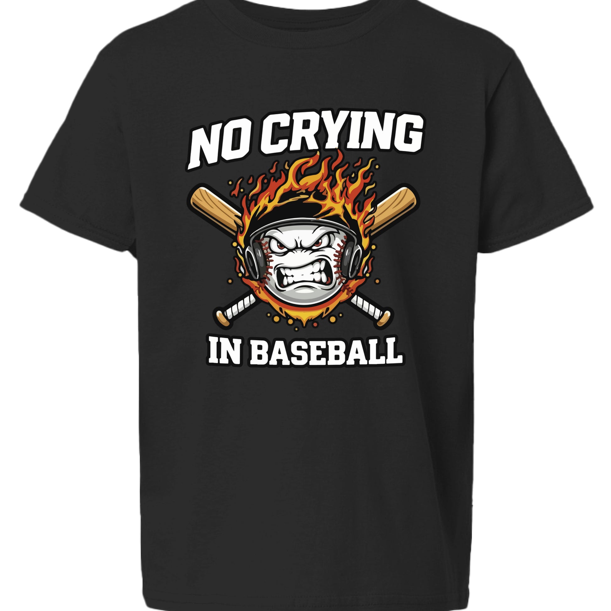 No Crying in Baseball Funny Flame Skull Sports T-Shirt Black- FRONT