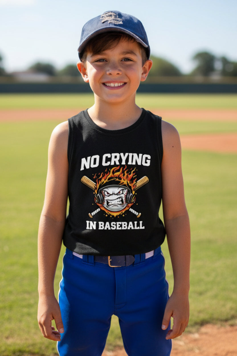 No Crying in Baseball Funny Flame Skull Sports Tank Top Solid Black Triblend - FRONT