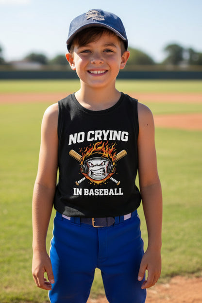 No Crying in Baseball Funny Flame Skull Sports Tank Top Solid Black Triblend - FRONT