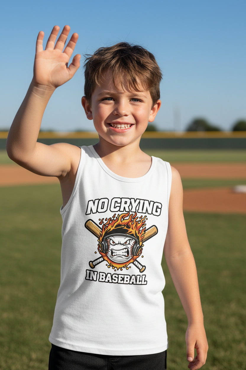 No Crying in Baseball Funny Flame Skull Sports Tank Top Solid White Triblend - FRONT