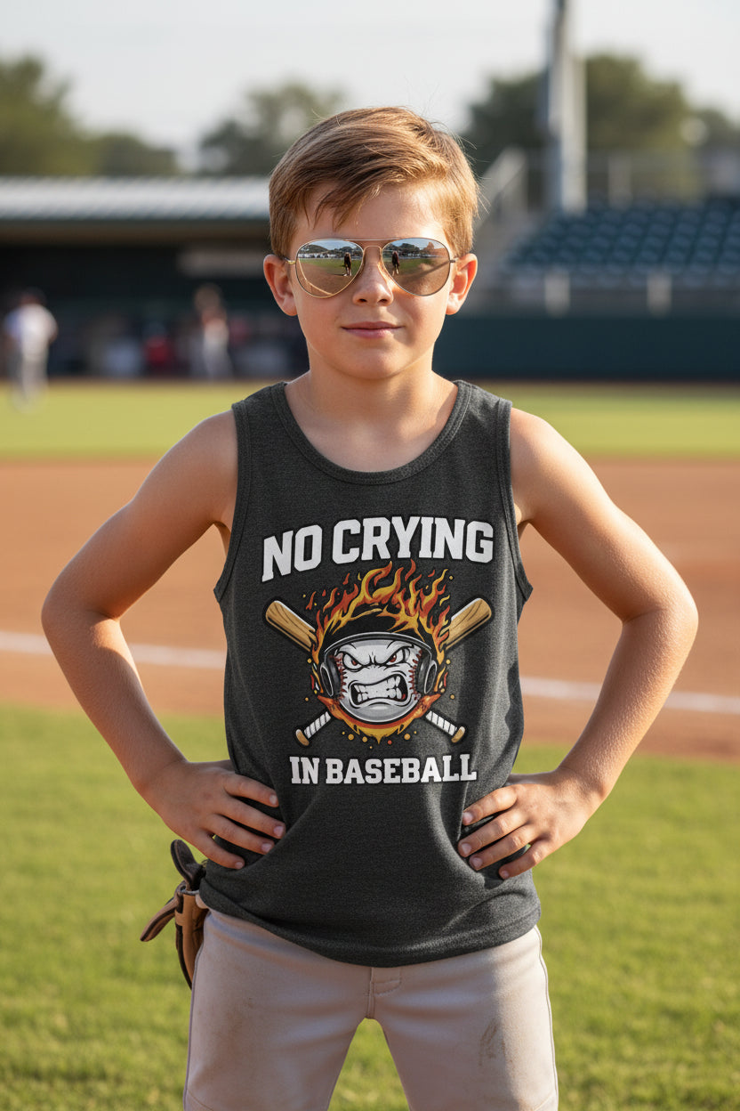 No Crying in Baseball Funny Flame Skull Sports Tank Top DARK GREY HEATHER - FRONT