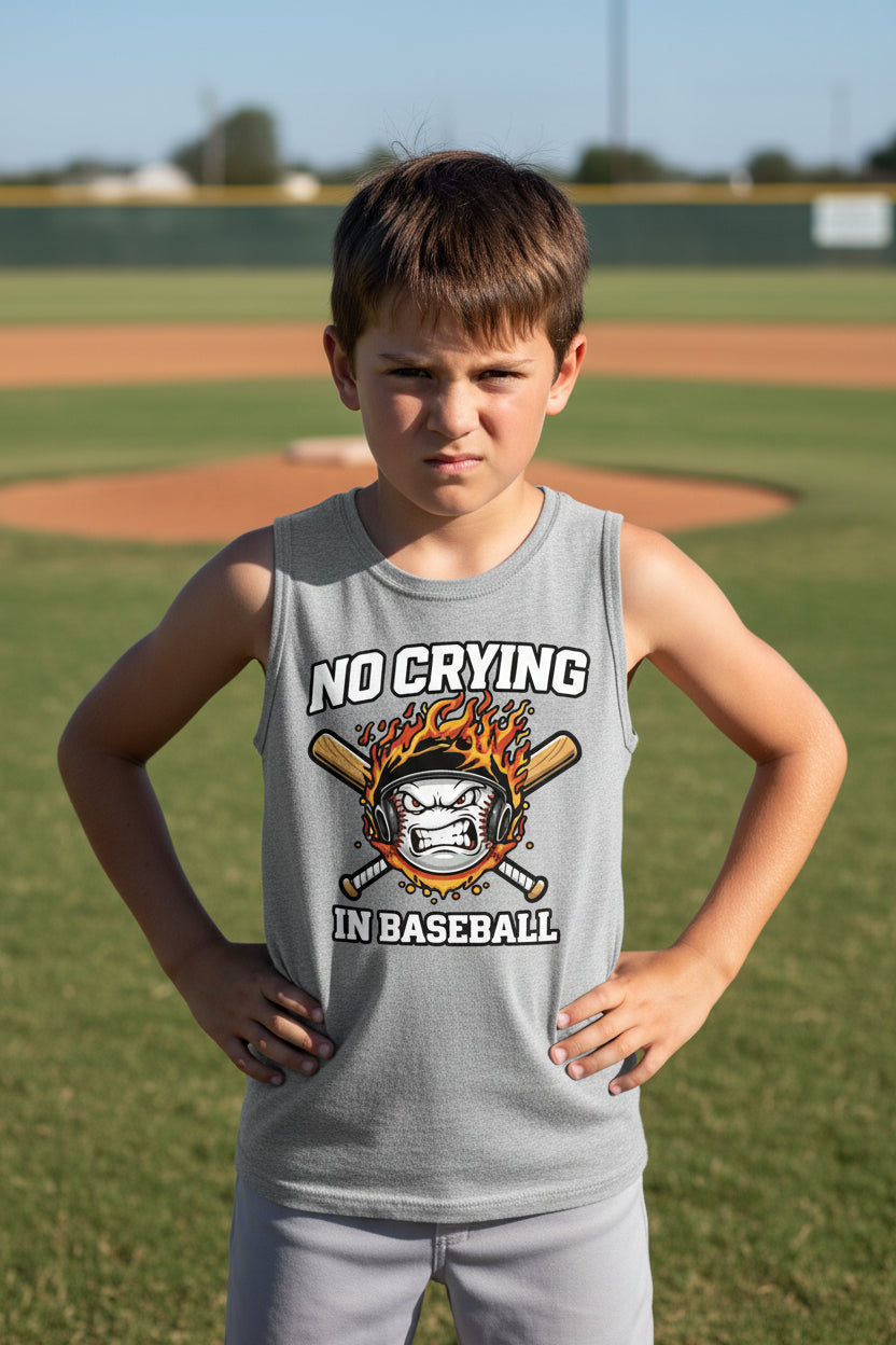 No Crying in Baseball Funny Flame Skull Sports Tank Top ATHLETIC HEATHER - FRONT