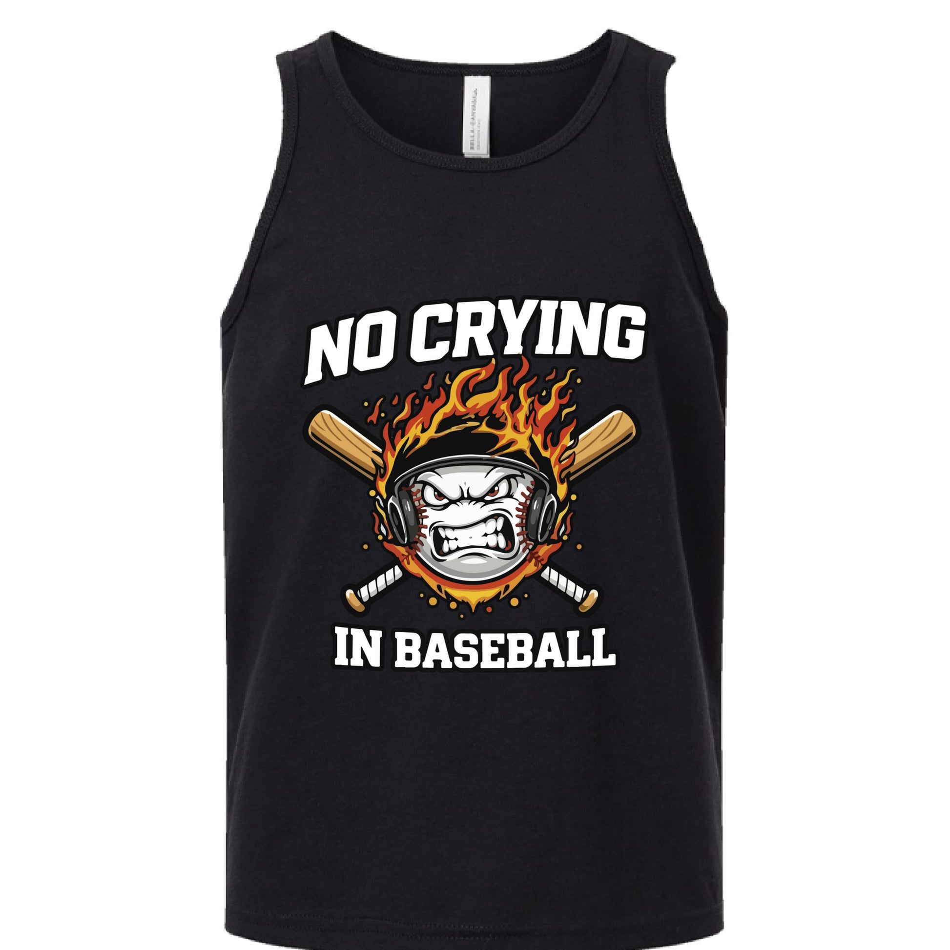 No Crying in Baseball Funny Flame Skull Sports Tank Top Solid Black Triblend - FRONT