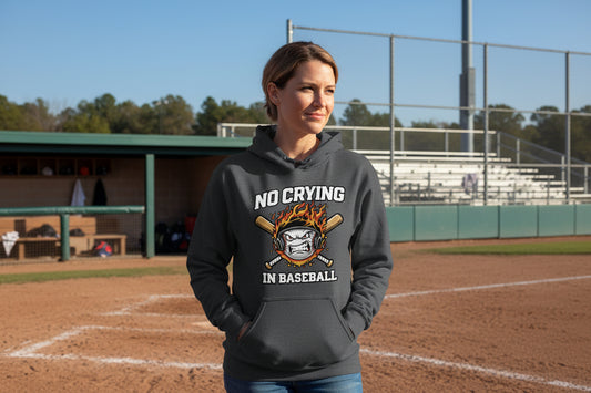 No Crying in Baseball Hoodie - Intense Athlete Energy Fire Style DARK HEATHER - FRONT