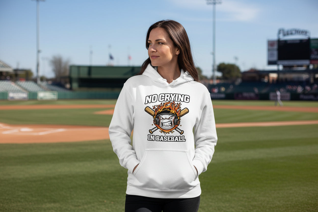 No Crying in Baseball Hoodie - Intense Athlete Energy Fire Style WHITE - FRONT