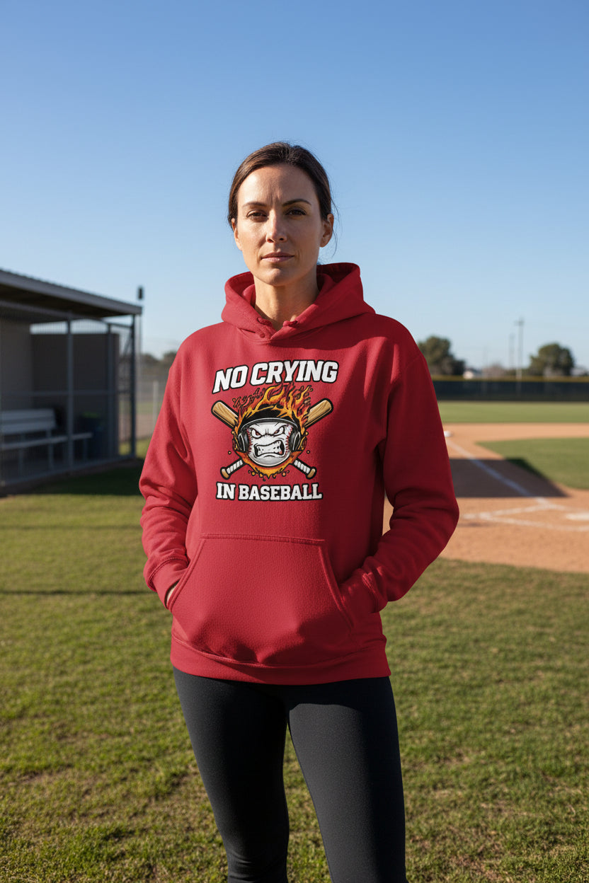 No Crying in Baseball Hoodie - Intense Athlete Energy Fire Style RED - FRONT