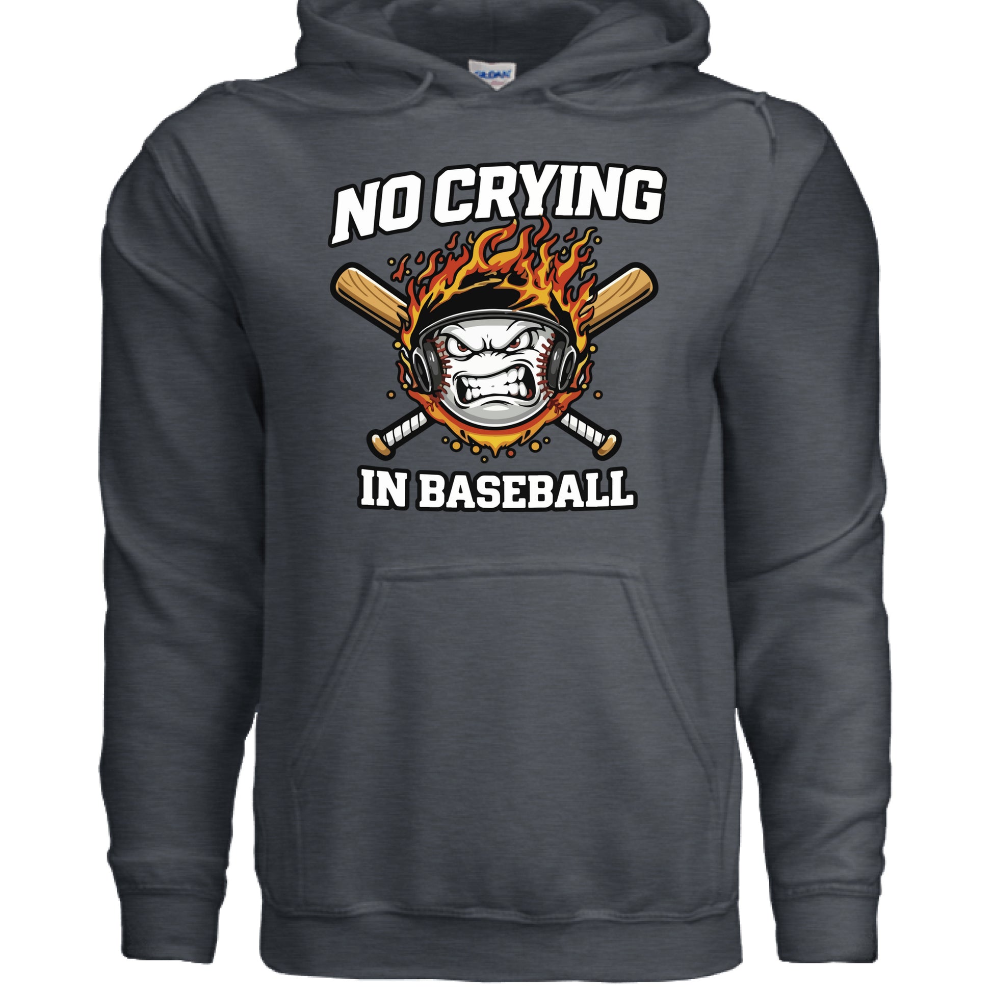 No Crying in Baseball Hoodie - Intense Athlete Energy Fire Style DARK HEATHER - FRONT