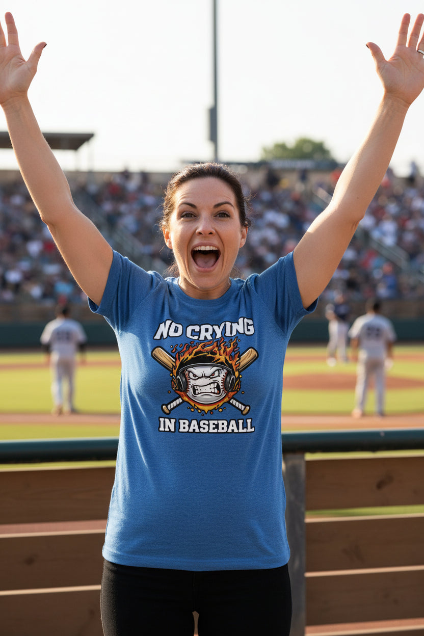 No Crying in Baseball T-Shirt for Ladies - Intense Athlete Energy Fire Style HTHR TRUE ROYAL - FRONT