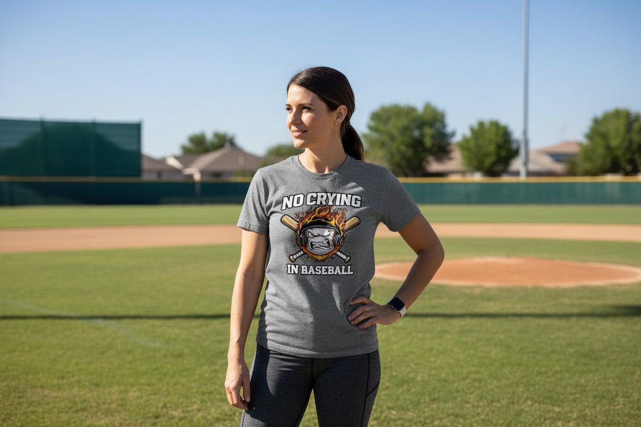 No Crying in Baseball T-Shirt - Intense Athlete Energy Fire Style DEEP HEATHER - FRONT