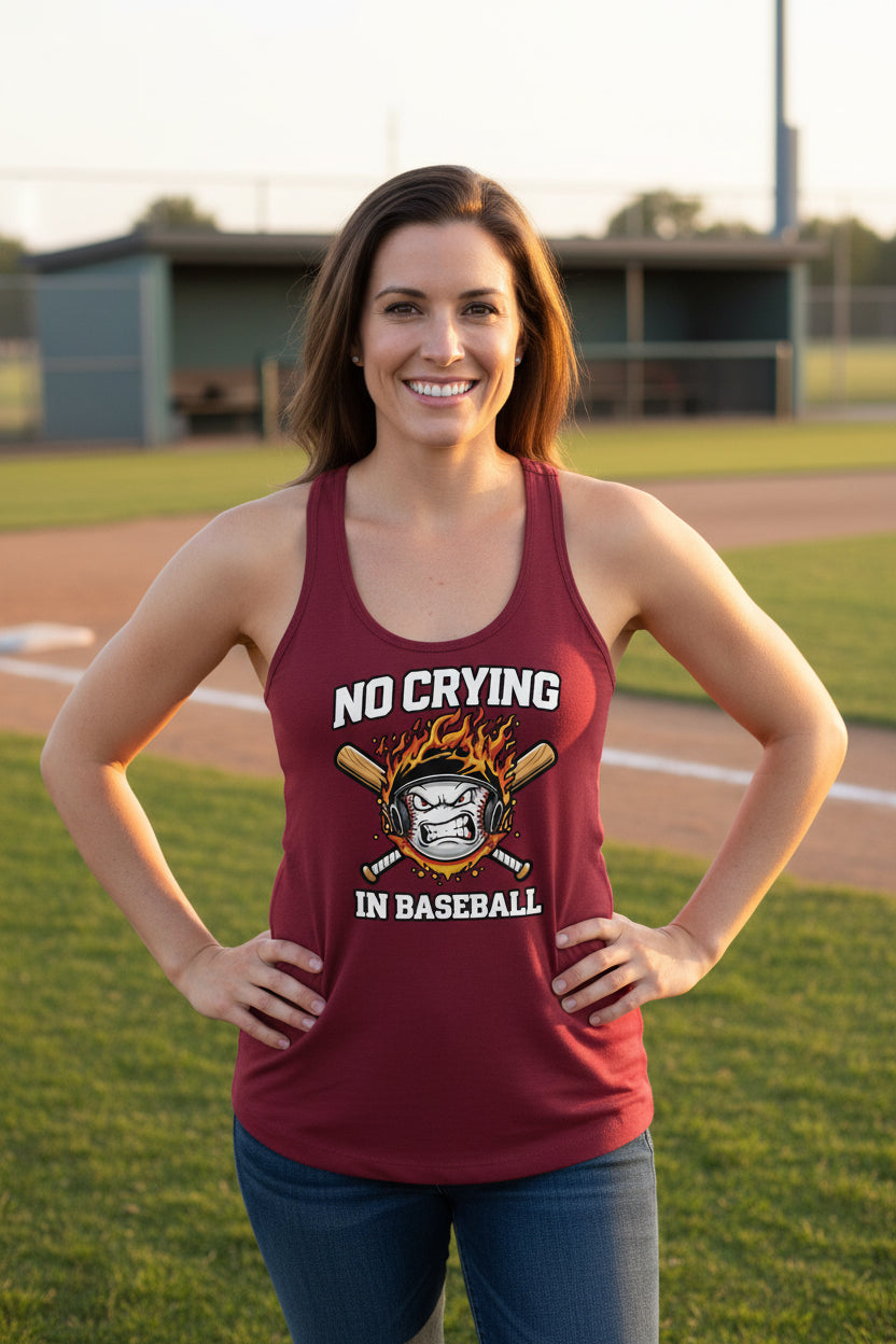 No Crying in Baseball Tank Top for Ladies - Intense Athlete Energy Fire Style Scarlet - FRONT