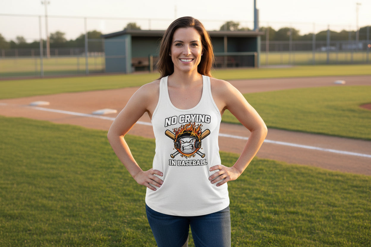 No Crying in Baseball Tank Top for Ladies- Intense Athlete Energy Fire Style White - FRONT