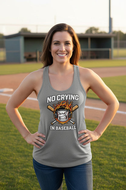 No Crying in Baseball Tank Top for Ladies - Intense Athlete Energy Fire Style Heather Gray - FRONT