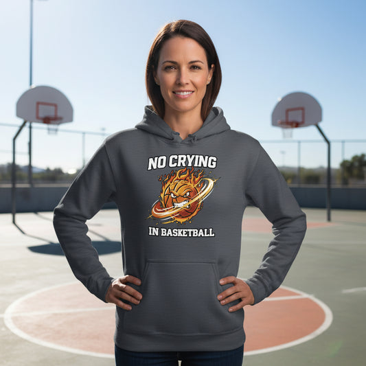 No Crying in Basketball – Bold Sports Ladies Hoodie Graphic DARK HEATHER - FRONT