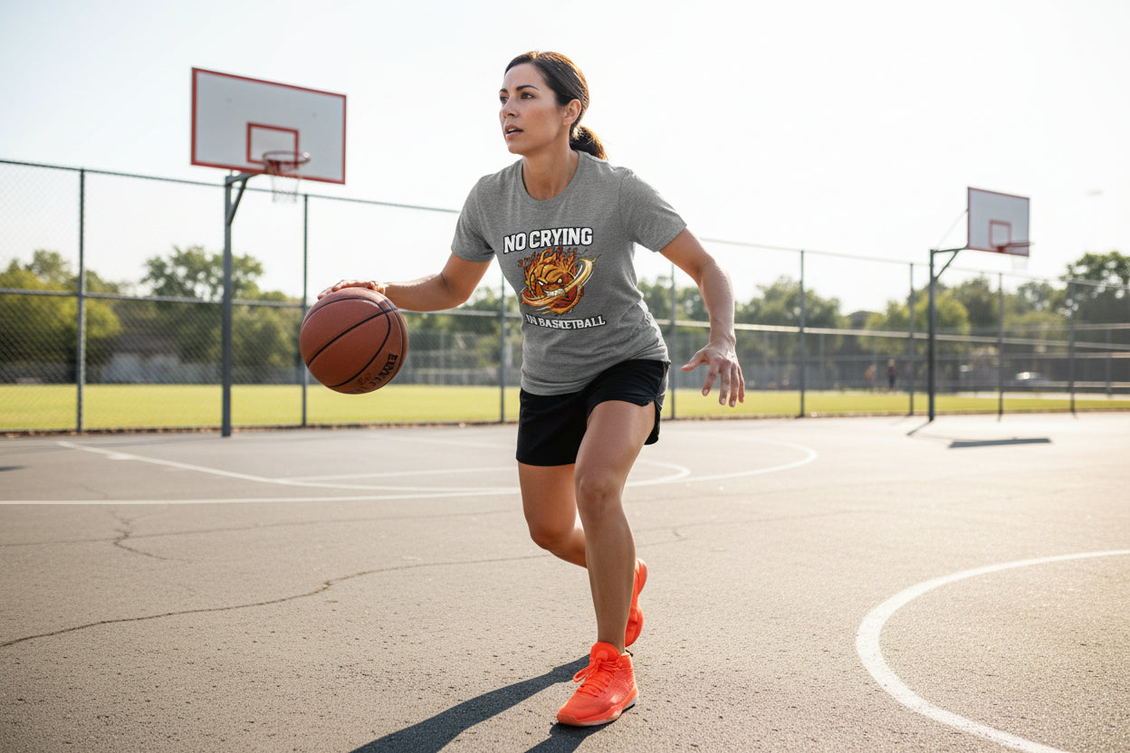No Crying in Basketball – Bold Sports Ladies T-Shirt Graphic DEEP HEATHER - FRONT