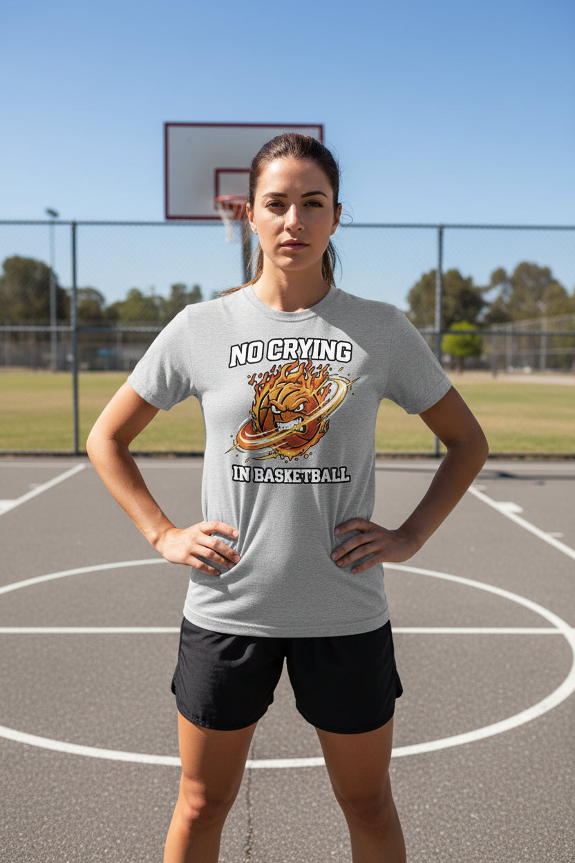 No Crying in Basketball – Bold Sports Ladies T-Shirt Graphic ATHLETIC HEATHER - FRONT