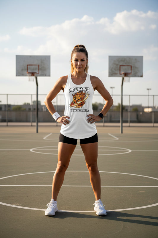 No Crying in Basketball – Bold Sports Ladies Tank Top Graphic White - FRONT
