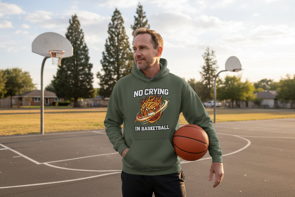 No Crying in Basketball – Fiery Sports Spirit Graphic Men's Hoodie MILITARY GREEN - FRONT