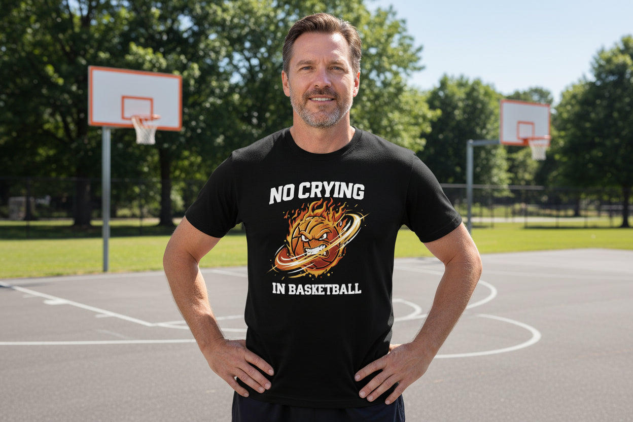 No Crying in Basketball – Fiery Sports Spirit Graphic Men's T-Shirt BLACK - FRONT