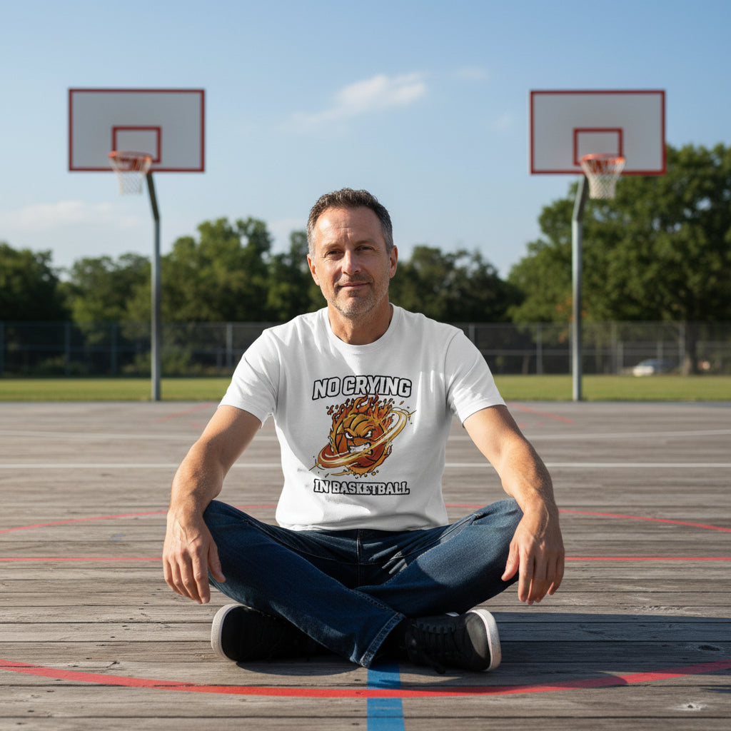 No Crying in Basketball – Fiery Sports Spirit Graphic Men's T-Shirt White - FRONT