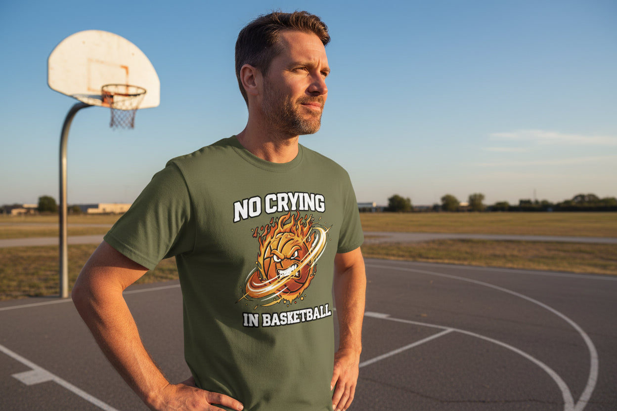 No Crying in Basketball – Fiery Sports Spirit Graphic Men's T-Shirt MILITARY GREEN - FRONT