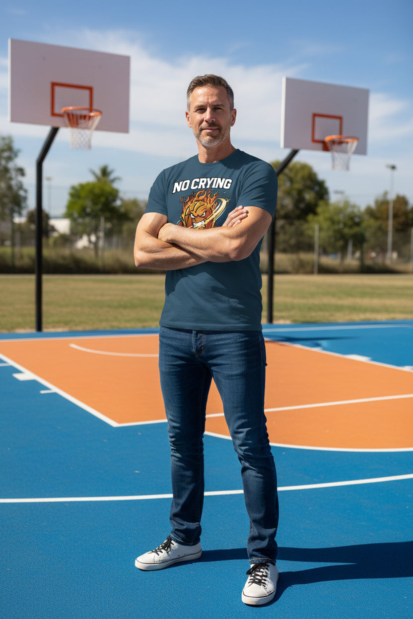 No Crying in Basketball – Fiery Sports Spirit Graphic Men's T-Shirt MIDNIGHT NAVY - FRONT