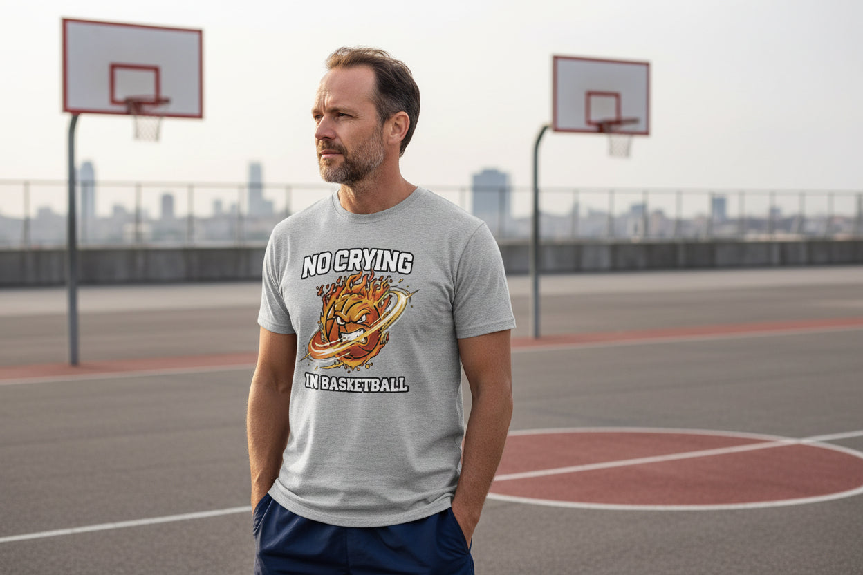 No Crying in Basketball – Fiery Sports Spirit Graphic Men's T-Shirt HEATHER GRAY - FRONT