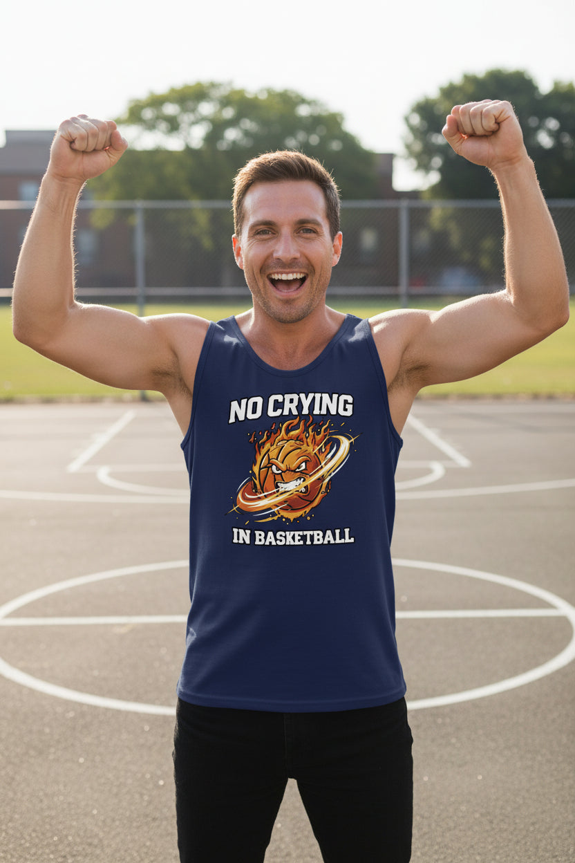No Crying in Basketball – Fiery Sports Spirit Graphic Men's Tank Top NAVY - FRONT
