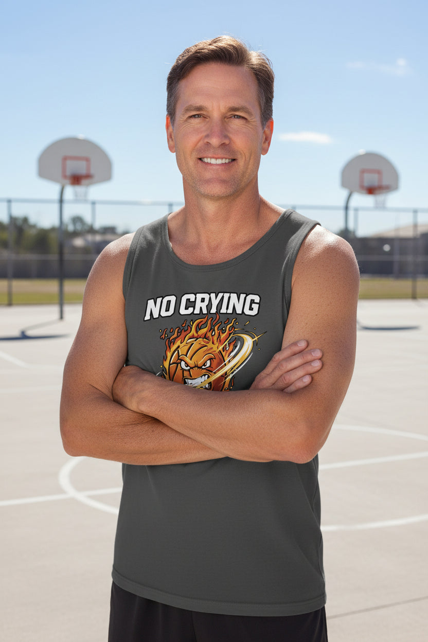No Crying in Basketball – Fiery Sports Spirit Graphic Men's Tank TopDARK  GREY - FRONT