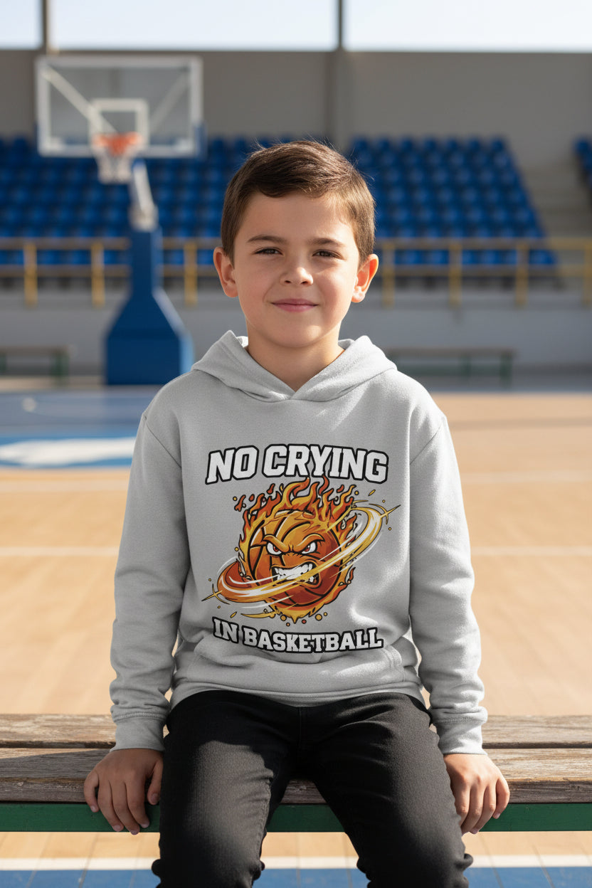No Crying in Basketball Funny Flame Skull Sports Hoodie Silver - FRONT